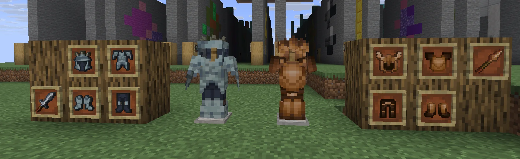 Steel and Bronze armour sets and equipment displayed in Minecraft