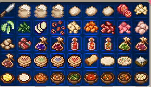 A large collection of Cooking profession ingredients, bottles and meals