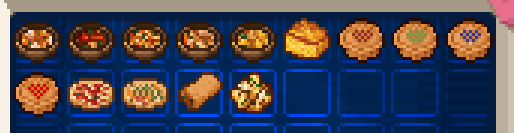 A collection of finished Cooking profession dishes