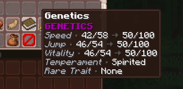 Mount Manager genetics view showing speed, jump, vitality and temperament
