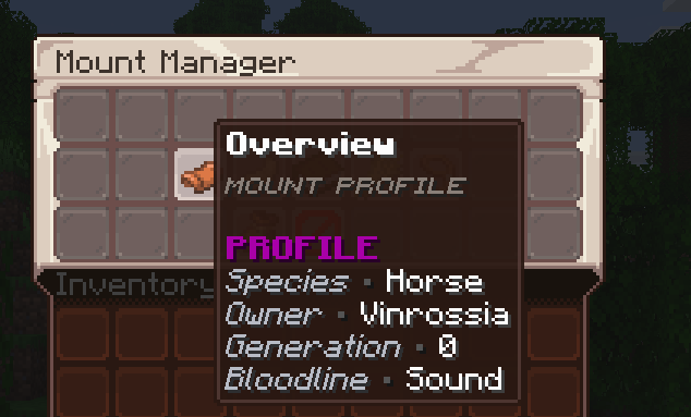 Mount Manager overview showing a horse profile with owner, generation and bloodline information