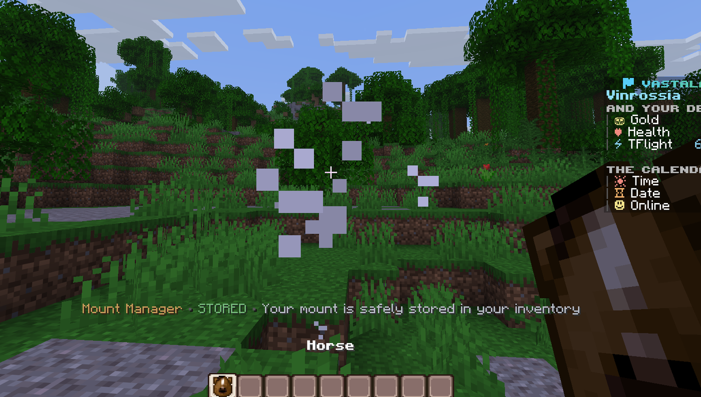 Minecraft player storing a horse through the Mount Manager system