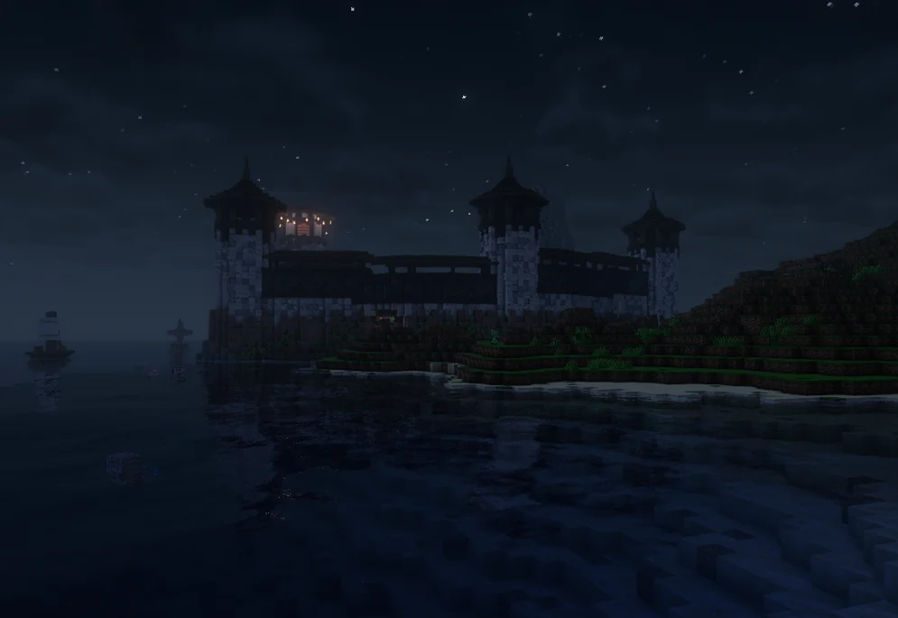 Vesport's fortified shoreline and watchtowers at night